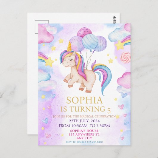 Carte Postale Magic Pastel Unicorn Rainbow Birthday Party (Devant / Derrière)