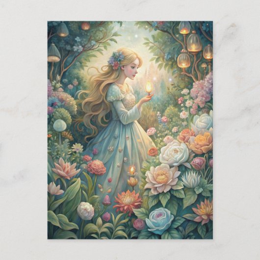 Carte Postale Magical Fairytale Young Woman Lanterns Garden (Devant)