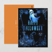 Carte Postale Magique Halloween noir Chat bleu brillant (Devant / Derrière)