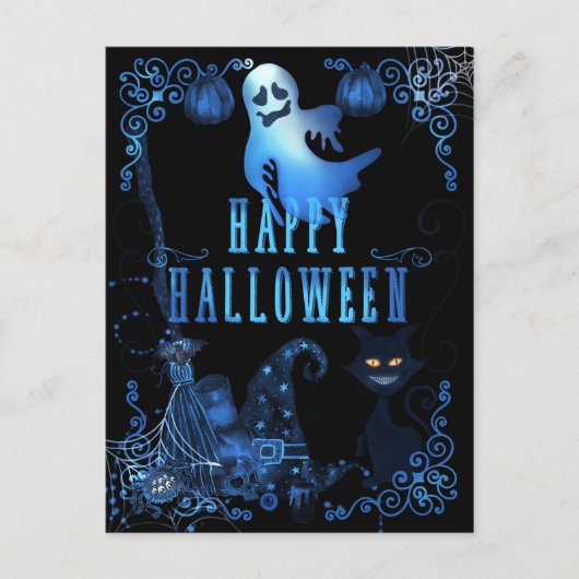 Carte Postale Magique Halloween noir Chat bleu brillant (Devant)