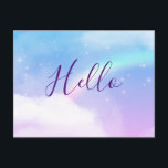 Carte Postale Magique Pastel Clouds et un arc-en-ciel Bonjour<br><div class="desc">Carte postale avec une image arrière - plan douce et agréable. Le bleu pastel et les nuages roses avec un arc-en-ciel magique.</div>