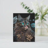 Carte Postale Magique steampunk Maine Coon chat et fleurs IA art (Debout devant)