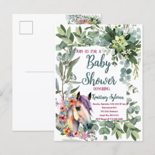 Carte Postale Magnifique Baby Shower Cheval Floral Aquarelle