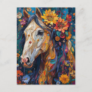 Carte Postale Magnifique cheval avec des fleurs colorées