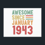 Carte Postale Magnifique depuis 1943 80e anniversaire Cadeau Vin<br><div class="desc">Magnifique depuis janvier 1943 design vintage. Idéal cadeau d'anniversaire 80e pour un enfant de 80 ans né en janvier. Retro présent pour les hommes,  les femmes,  les enfants,  grand-père,  grand-mère ou papa en Fête des pères.</div>