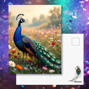 Carte Postale Magnifique paon dans un champ floral