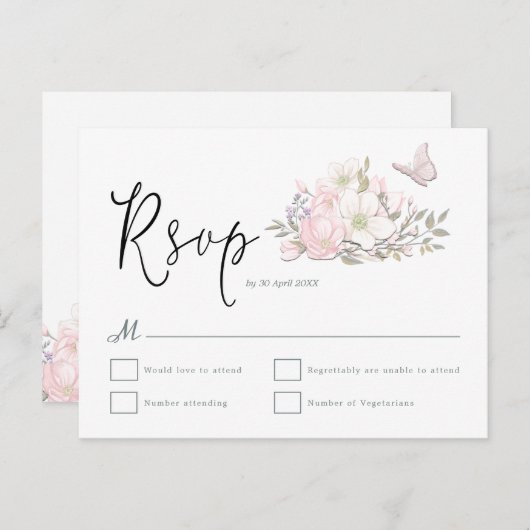Carte Postale Magnolia Papillon d'aquarelle Script Mariage RSVP (Devant / Derrière)