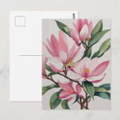 Carte Postale Magnolia rose épanoui à l'aquarelle (Devant / Derrière)