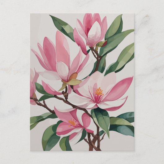 Carte Postale Magnolia rose épanoui à l'aquarelle (Devant)