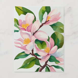 Carte Postale Magnolia rose épanoui à l'aquarelle