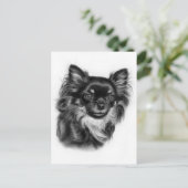 Carte Postale Main Tirée Long Haired Chihuahua Charcoal Artwork (Debout devant)