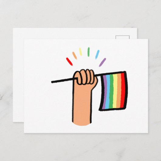 Carte Postale Main tirée main agitant un drapeau arc en ciel (Devant / Derrière)