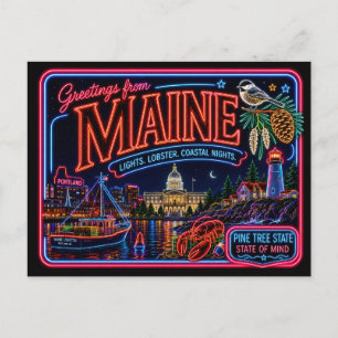 Carte Postale Maine Neon État Rétro Vintage