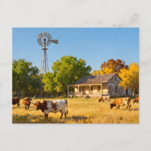Carte Postale Maison de Ranch du Texas et Longhorns en Automne