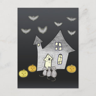 Carte Postale Maison d'Halloween, Chats Noirs, Chauves-souris, C