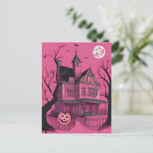 Carte Postale Maison d'Halloween rose (Debout devant)