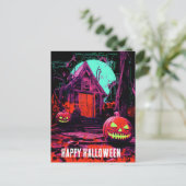Carte Postale Maison d'Halloween rose orange violet hantée (Debout devant)