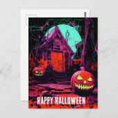 Carte Postale Maison d'Halloween rose orange violet hantée (Devant / Derrière)