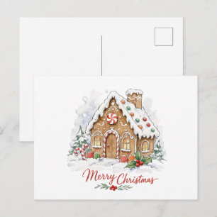 Carte Postale Maison en pain d'épice aquarelle avec cannes de bo
