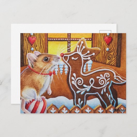 Carte Postale Maison en pain d'épice Souris & Reindeer Aquarelle (Devant / Derrière)