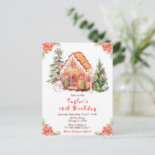 Carte Postale Maison en pain d'épices rouge pour fête d'annivers (Debout devant)