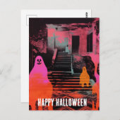 Carte Postale Maison Halloween Rétro Hantée Fantômes rose Orange (Devant / Derrière)