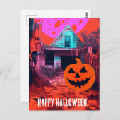Carte Postale Maison Halloween rétro Hantée Rose Orange bleu (Devant / Derrière)