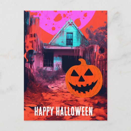 Carte Postale Maison Halloween rétro Hantée Rose Orange bleu (Devant)