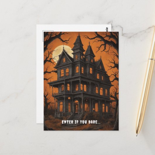Carte Postale Maison hantée à Halloween de nuit (Devant/Arrière en situation)