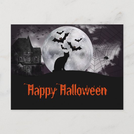 Carte Postale Maison hantée avec chat et chauves-souris noirs (Devant)