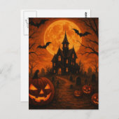 Carte Postale Maison hantée d'Halloween Nuit effrayante Citrouil (Devant / Derrière)