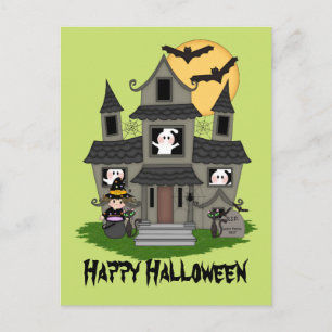 Carte Postale Maison hantée et petite sorcière