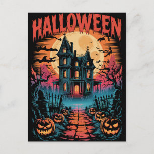 Carte Postale Maison Hantée Halloween Citrouilles Épouvantables