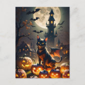 Carte Postale Maison hantée, pleine lune, chat noir Halloween (Devant)