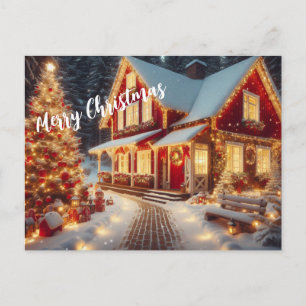 Carte Postale Maison illuminée de Noël et arbre de Noël
