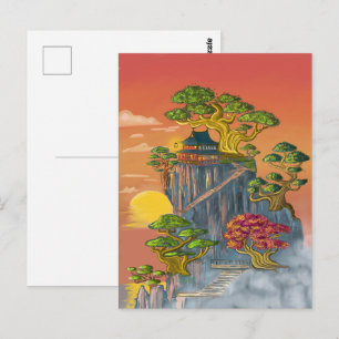 Carte Postale Maison japonnaise et bonzaï sur les roches.
