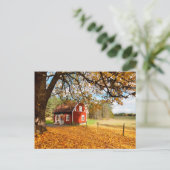 Carte Postale Maison Suédoise Rouge parmi les feuilles d'automne (Debout devant)
