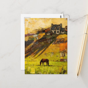 Carte Postale Maison sur la colline et cheval dans le pâturage