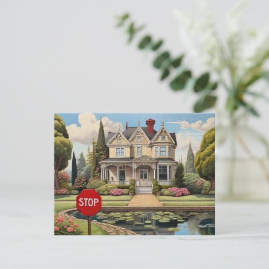 Carte Postale Maison victorienne avec un panneau stop à côté (Debout devant)