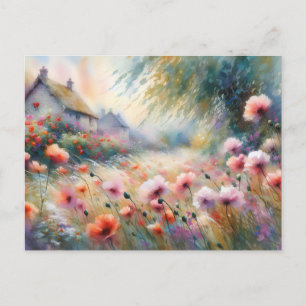 Carte Postale Maison Vintage avec champ de fleurs Scène de natur