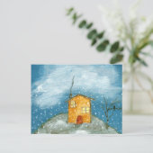 Carte Postale Maison Whimsical Snowstorm Tree Folk Art Peinture (Debout devant)