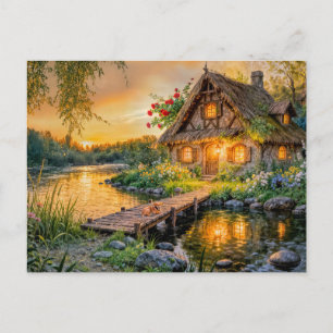 Carte Postale Maisonnette au bord de la rivière au coucher du so
