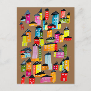 Carte Postale Maisons colorées mignonnes art aquarelle