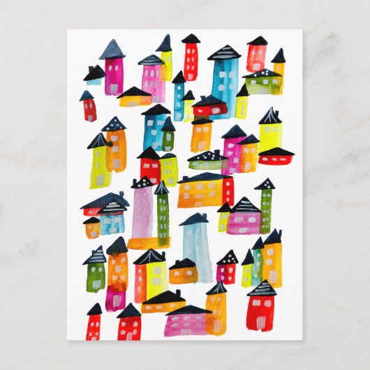 Carte Postale Maisons colorées mignonnes art aquarelle (Devant)