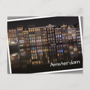 Carte Postale Maisons d'Amsterdam avec lumières colorées la nuit