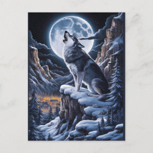 Carte Postale Majesté de Lune : Loup au sommet de la montagne