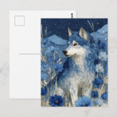Carte Postale Majestic Blue Wolf in Starry Blossom Garden (Devant / Derrière)