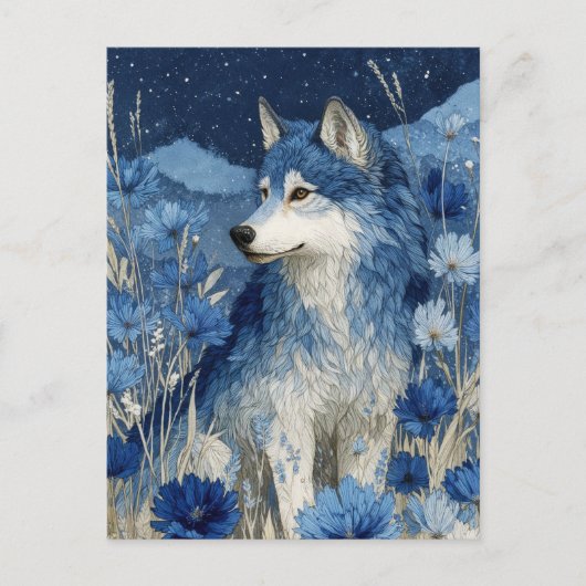 Carte Postale Majestic Blue Wolf in Starry Blossom Garden (Devant)