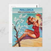 Carte Postale Majorque, printemps éternel, fille sur la côte (Devant / Derrière)