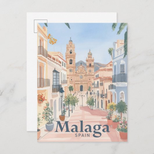 Carte Postale Malaga Espagne Aquarelle Peinture Voyage (Devant / Derrière)